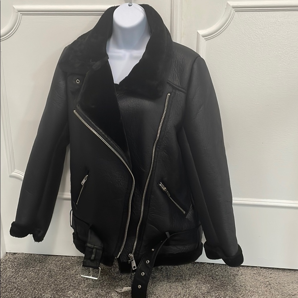 NWT RARF Women's Black Faux Shearling Moto Jacket, Edgy Streetwear, Size S